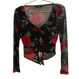 Urban Episode Black Floral Sheer Mesh Ruched Drawstring V Neck Long Sleeve Top